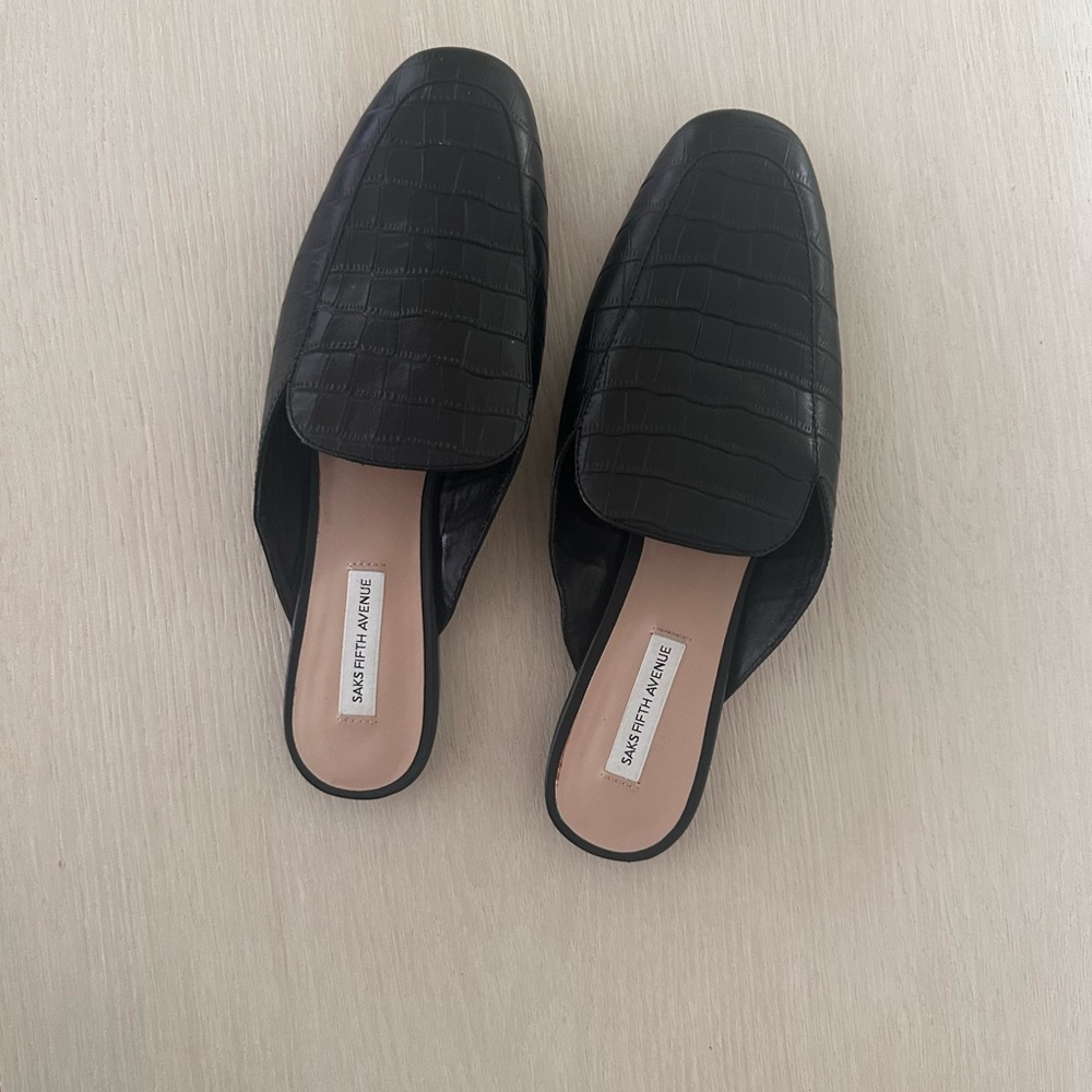 Saks Fifth Avenue Black Croc-Embossed Slip-On Mules